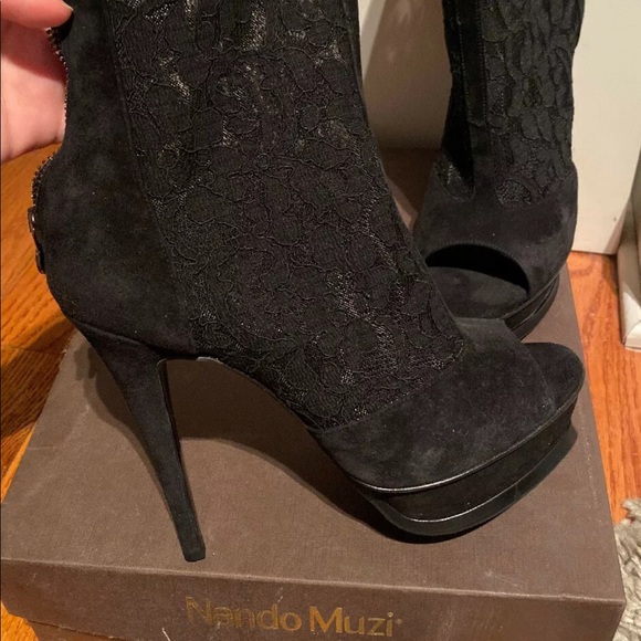New Nando Muzi Suede Lace Heels Open Toe Boots, 9 - Picture 5 of 13